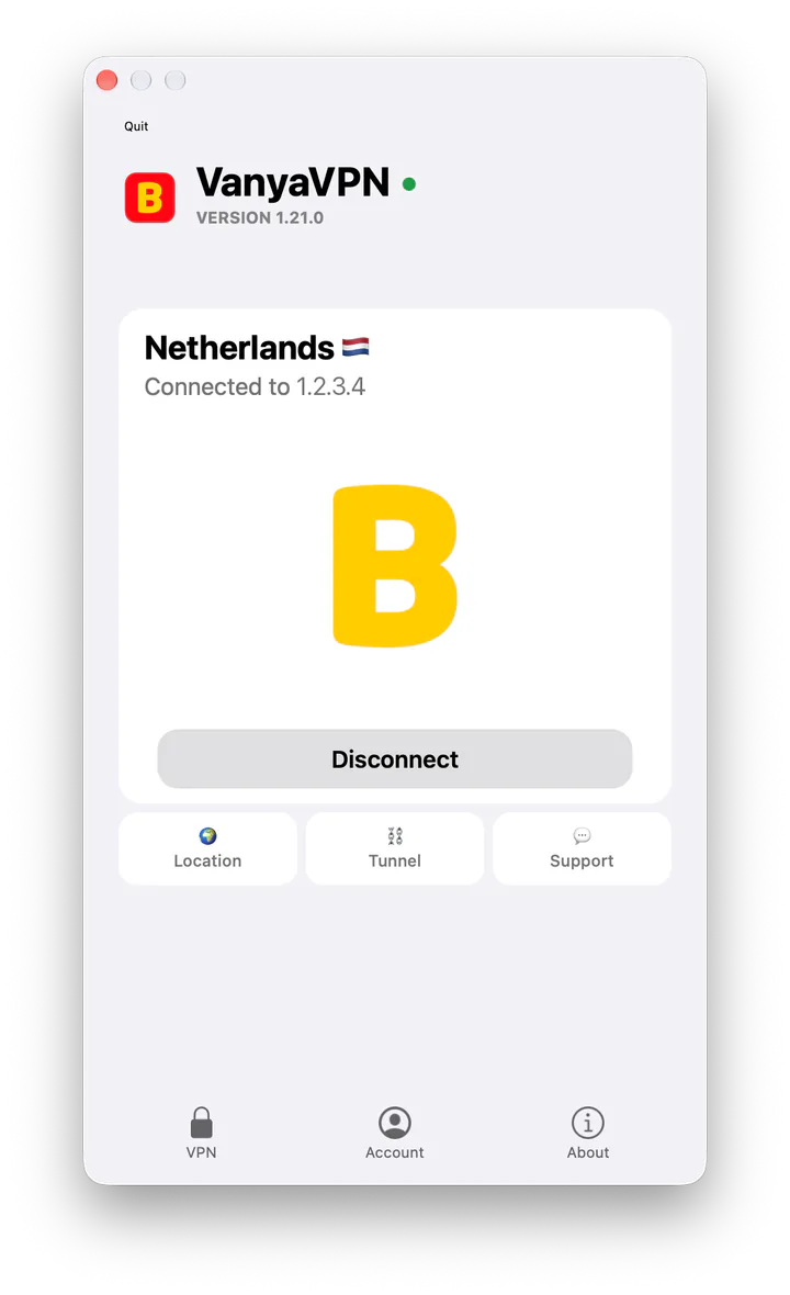 VanyaVPN window on a Mac: VPN connected, location Netherlands